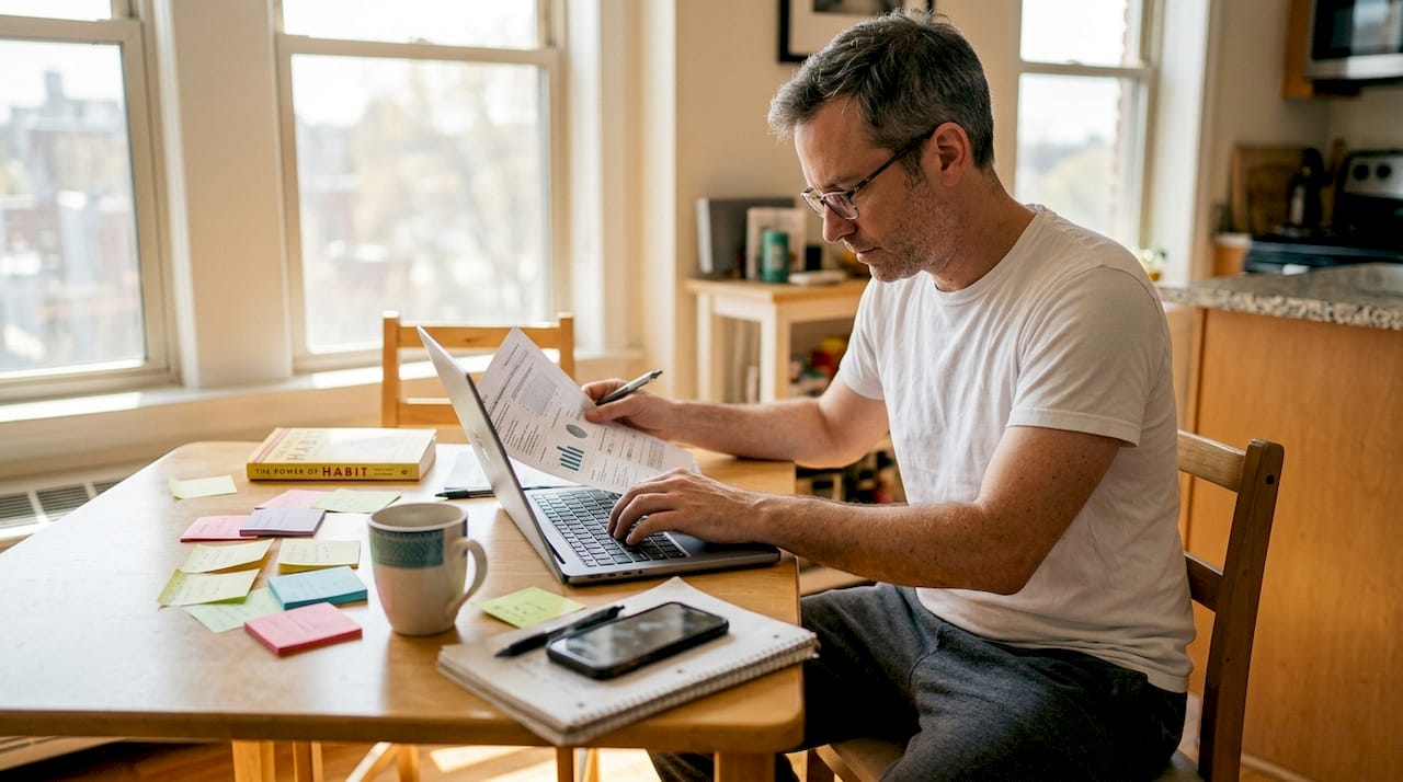 Man typing at dining table with worksheets