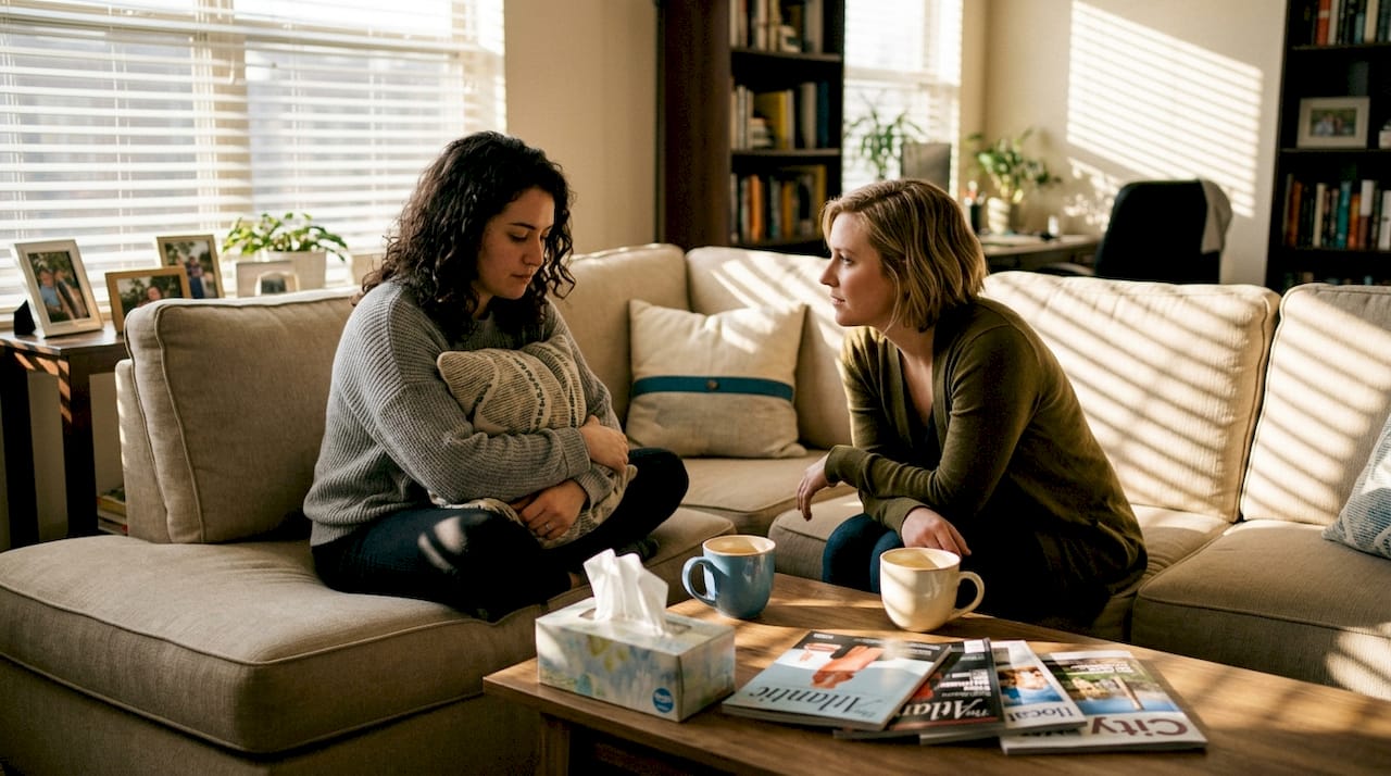 Friends talking quietly in sunlit living room
