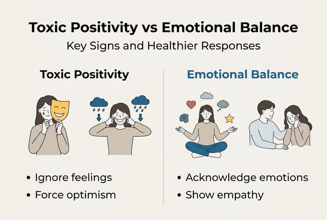Infographic contrasting toxic positivity and emotional balance