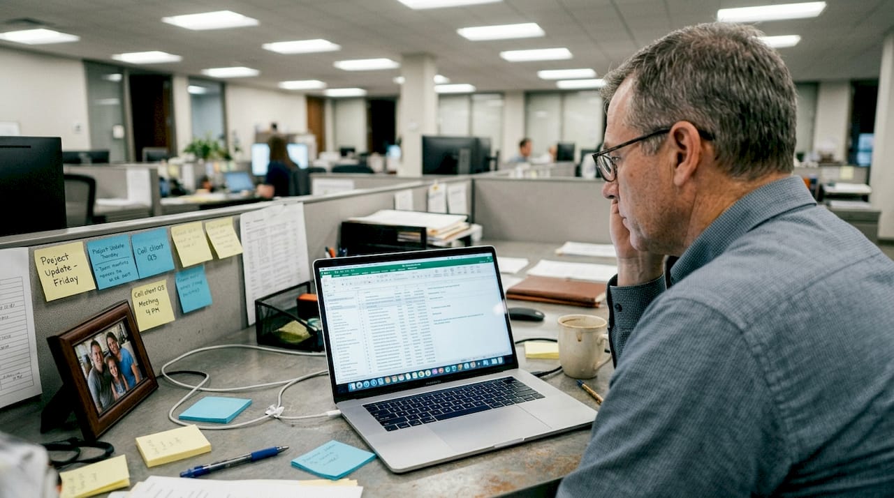 Office worker stressed at cluttered desk