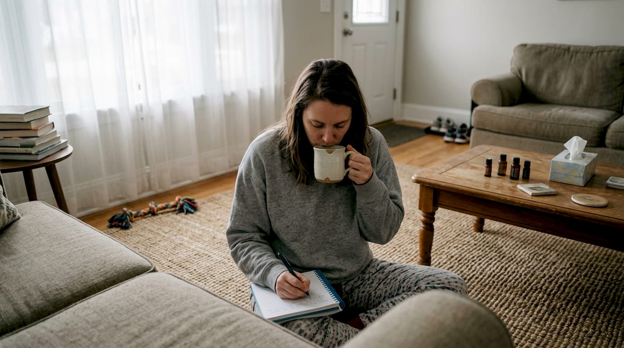 Woman journaling and drinking tea at home