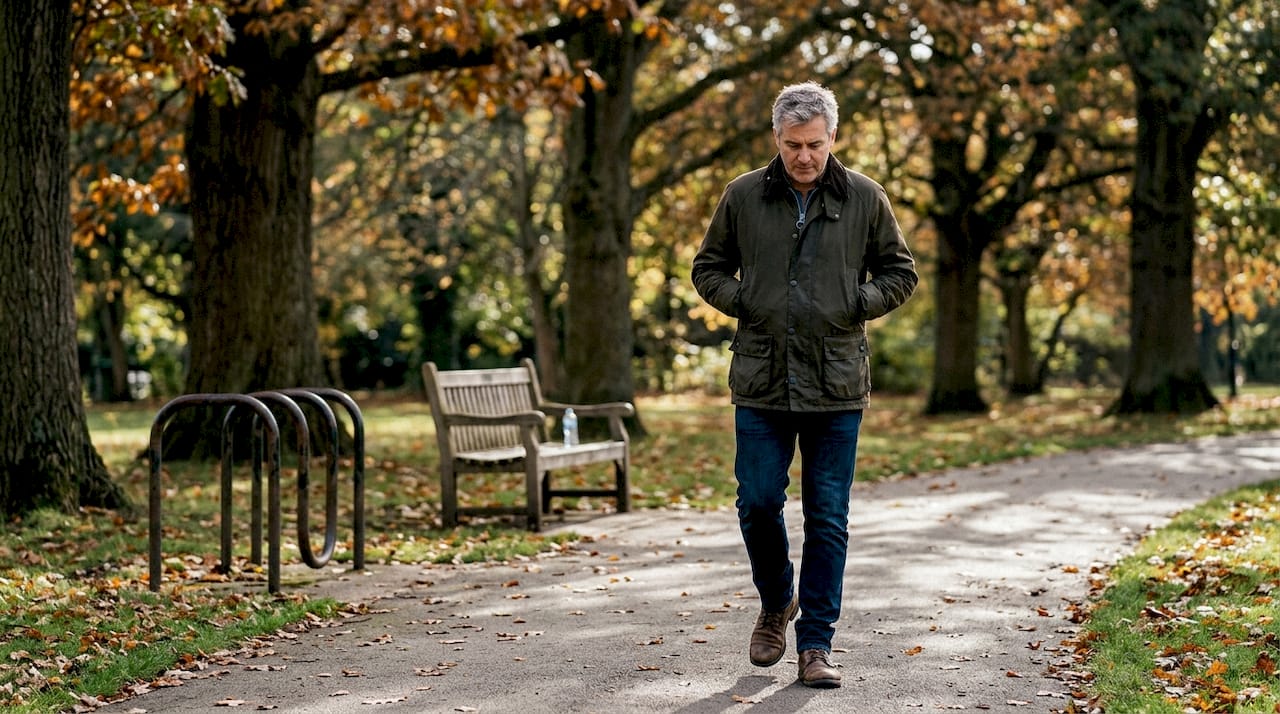 Man walking reflectively along park path