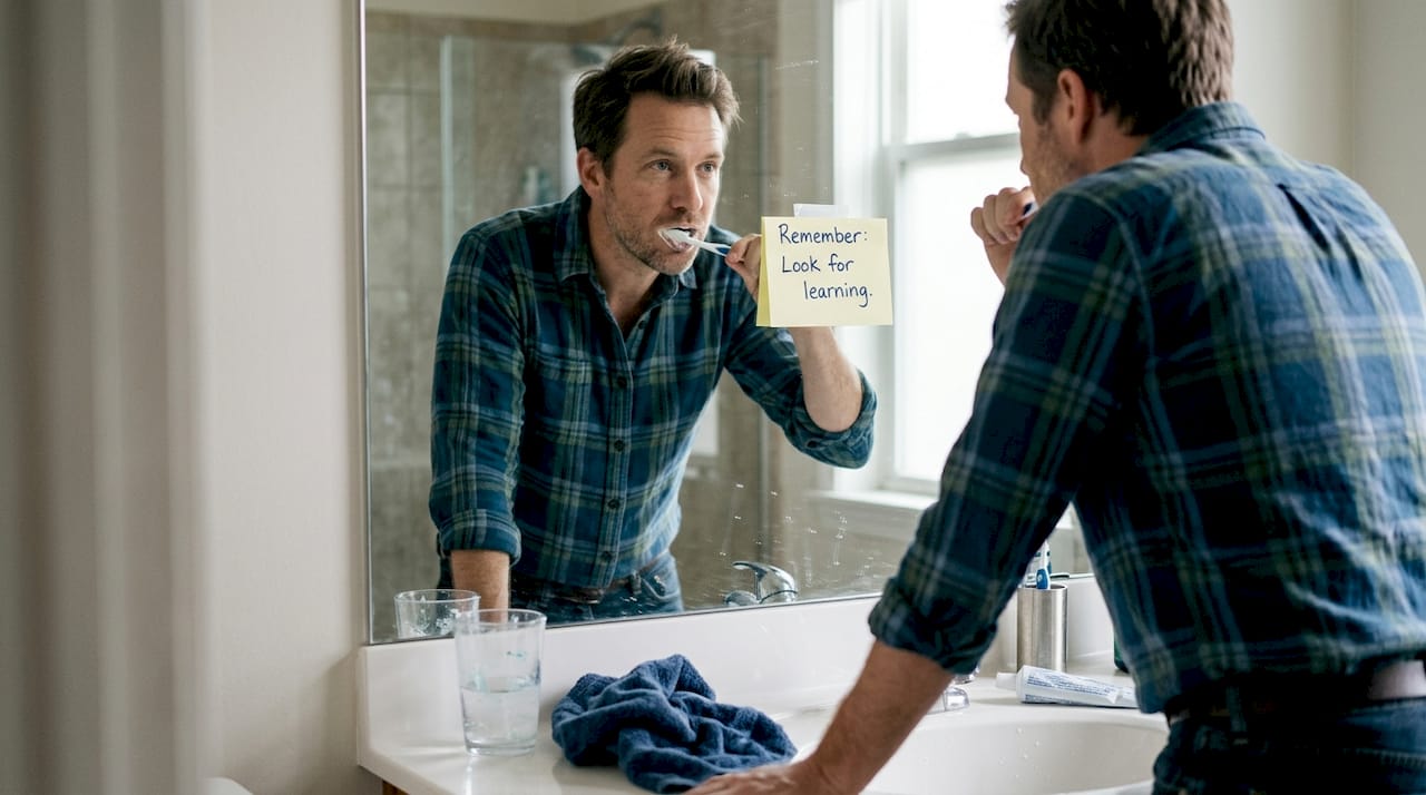 Man reads motivational note on bathroom mirror