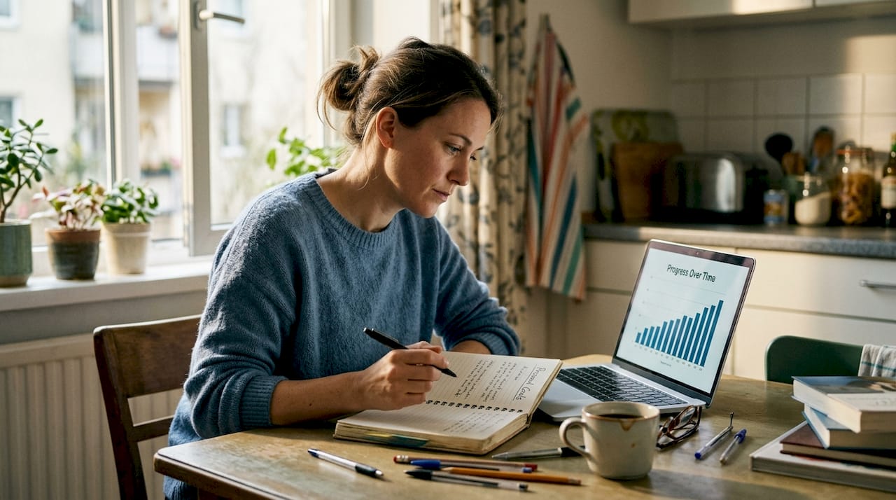 Woman reflecting on growth mindset at kitchen table
