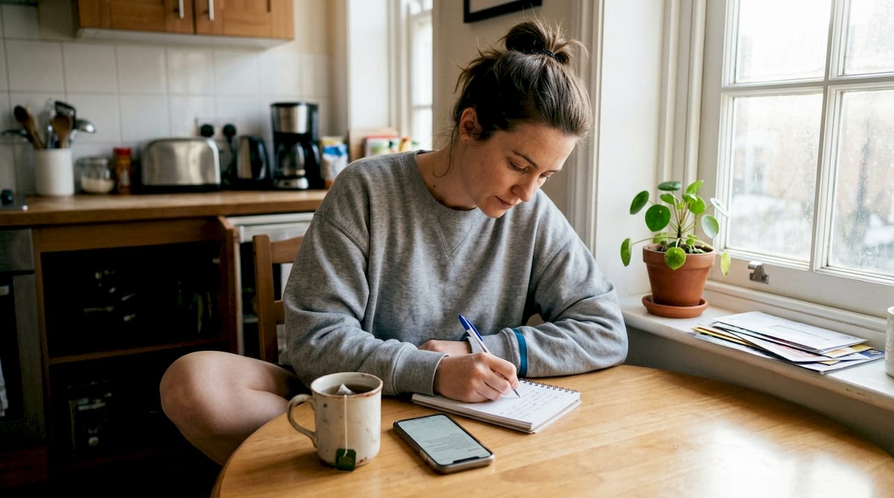 Woman journaling at kitchen table in morning