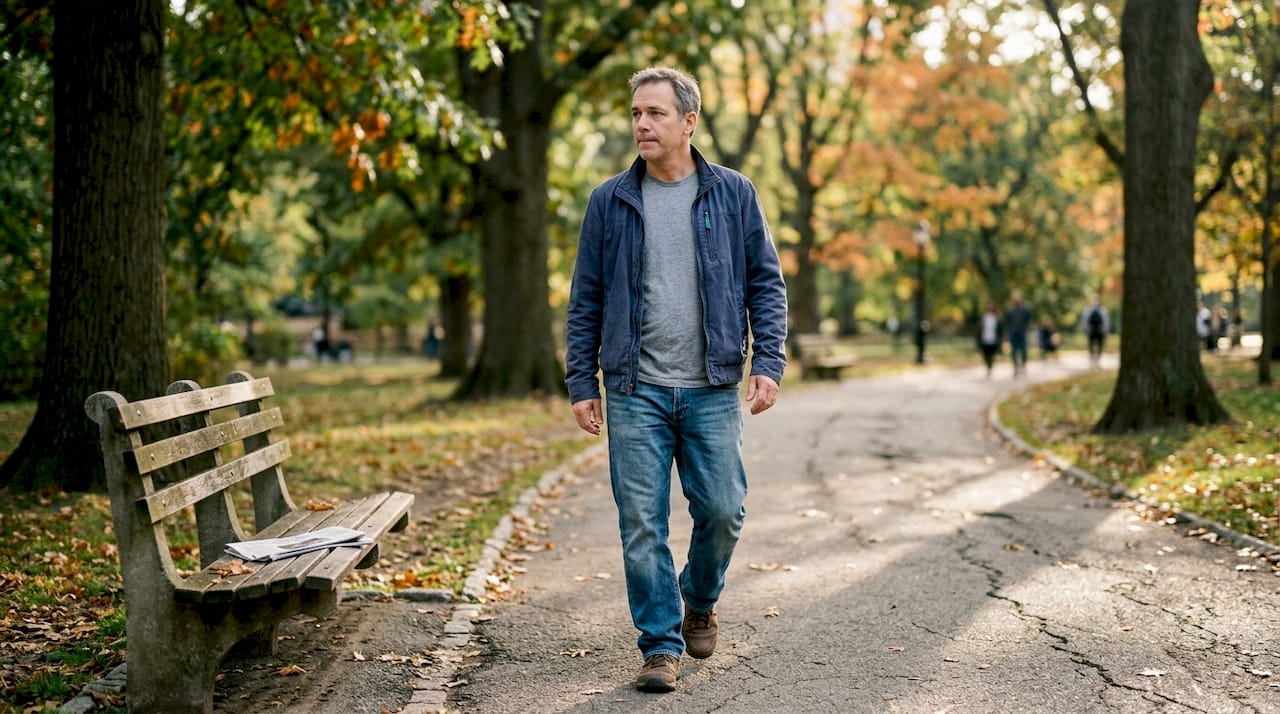 Man walking mindfully in city park