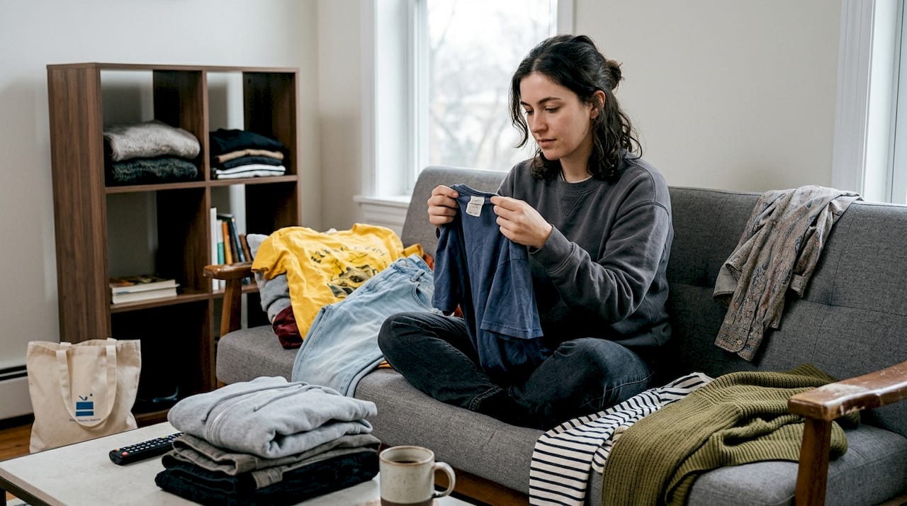 Young adult sorting clothes on sofa