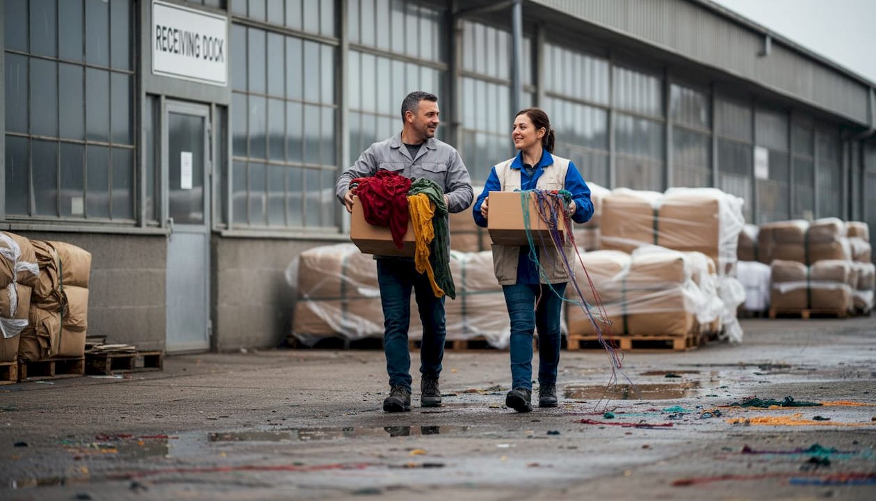Workers outside textile factory with fabric boxes