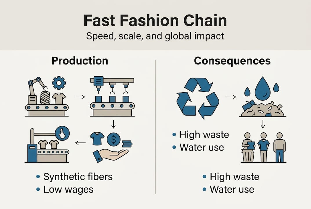 Infographic summarizing fast fashion supply chain