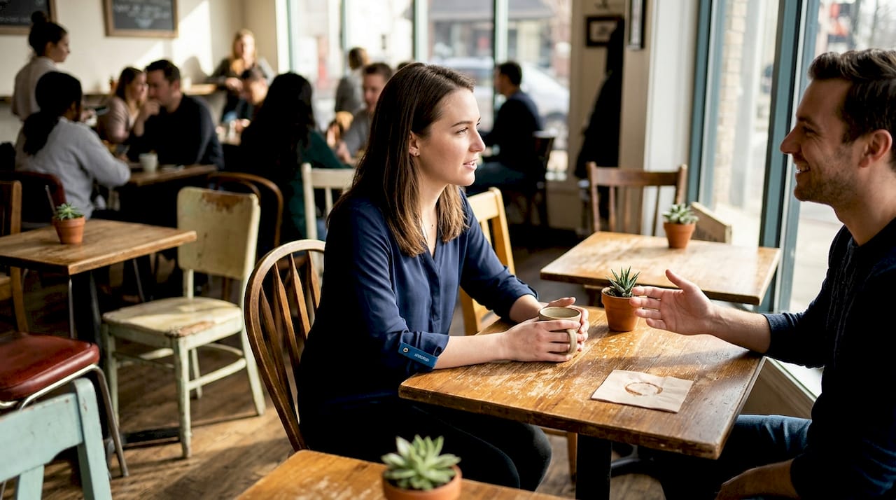 Two people chatting at busy café table