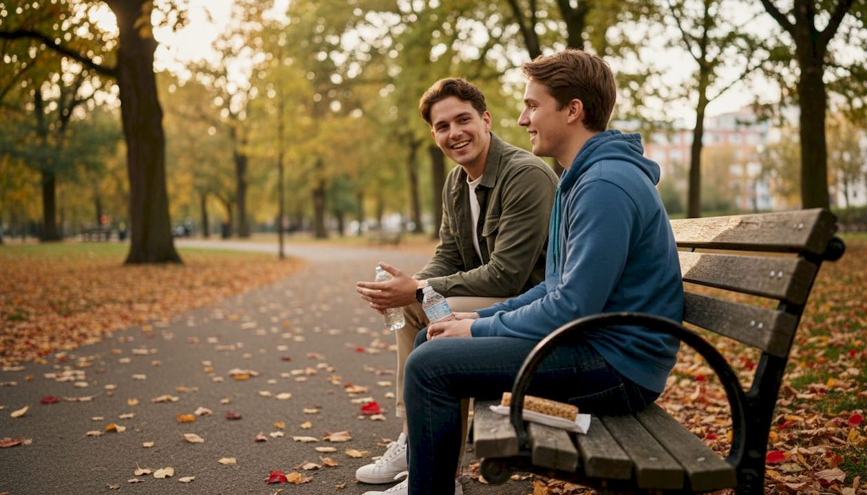 Friends talking on park bench in afternoon