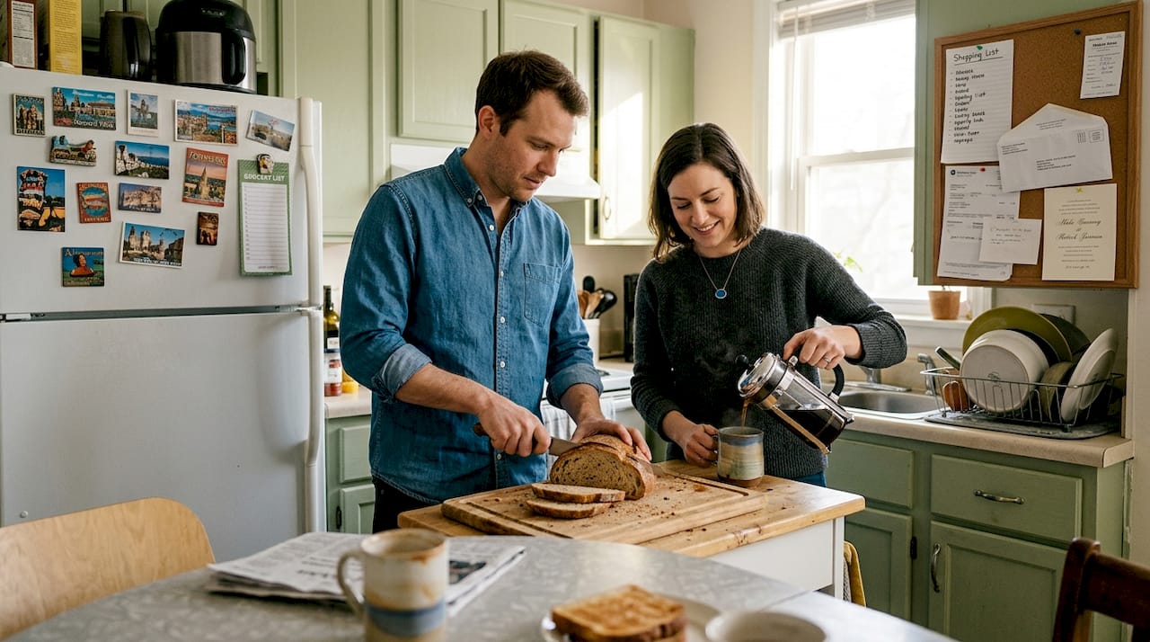 Couple preparing breakfast together in kitchen