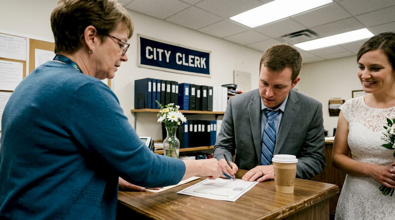 Couple signing marriage license at city office