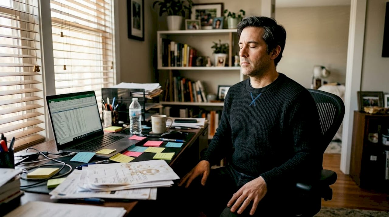 Man practicing mindfulness at cluttered desk
