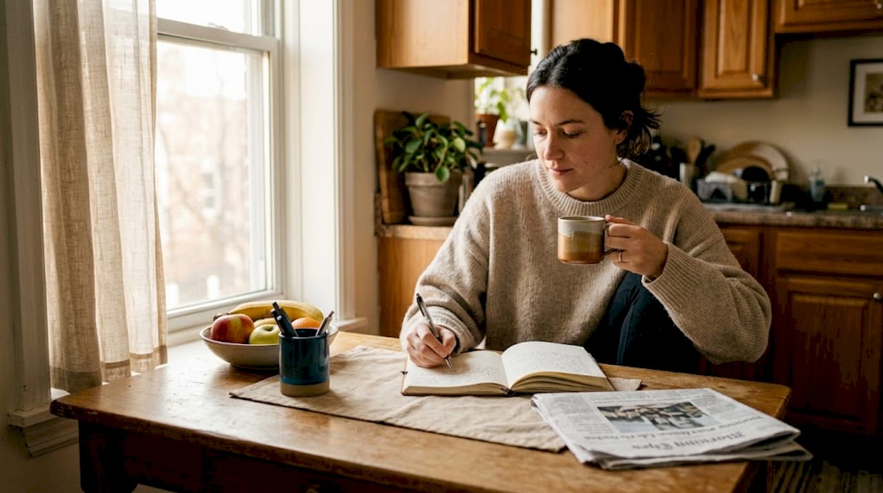 Woman journaling mindfulness in kitchen