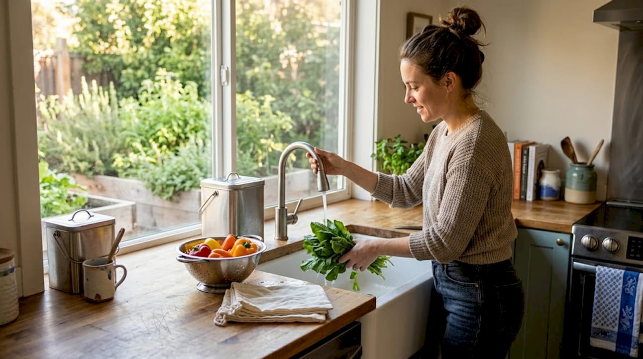 Woman preparing vegetables in eco friendly kitchen