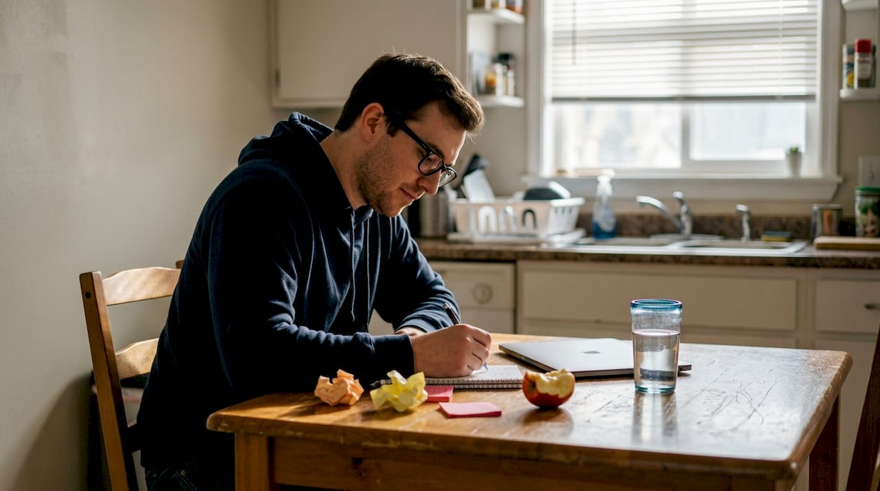 Man jotting personal notes at kitchen table