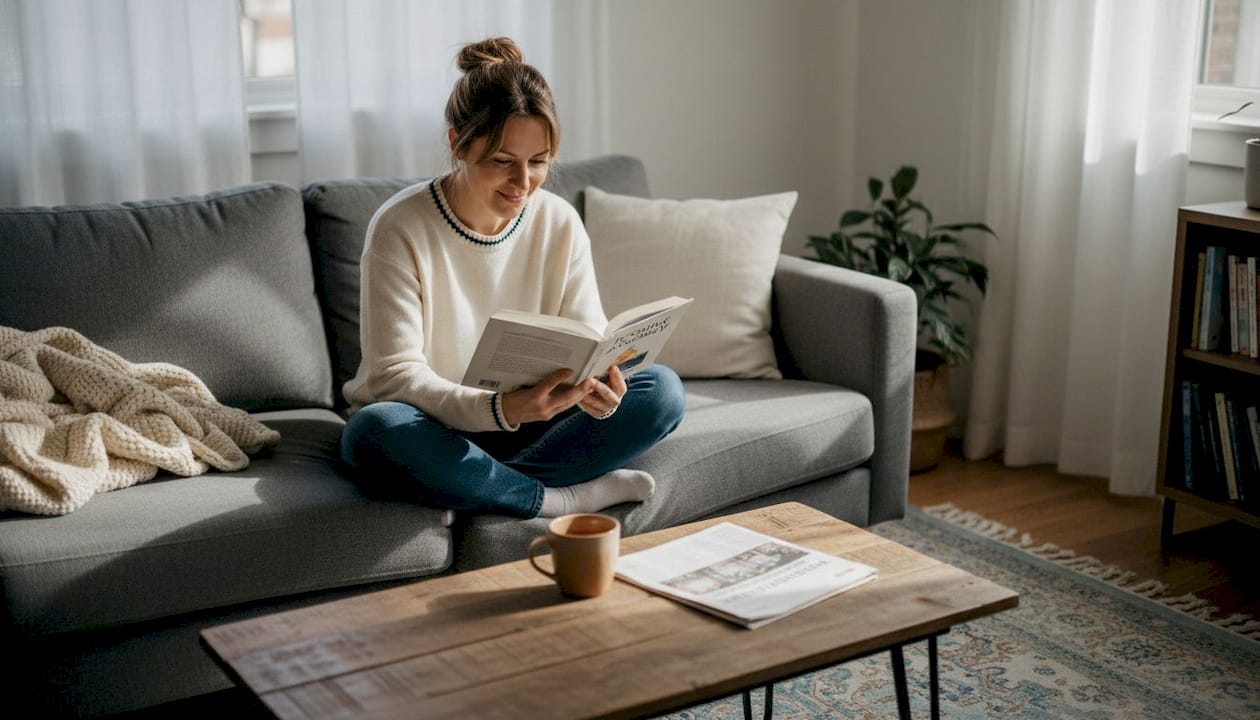 Woman reading positive psychology book on sofa