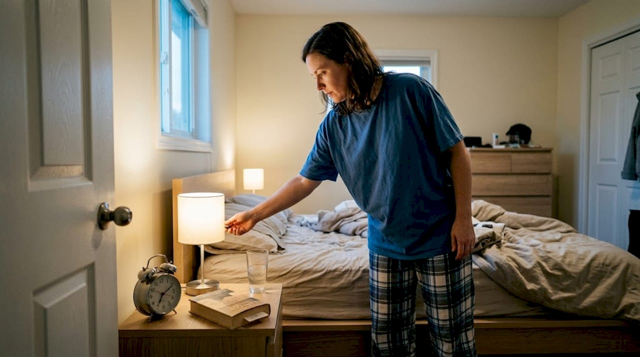 Woman preparing for sleep in cozy bedroom