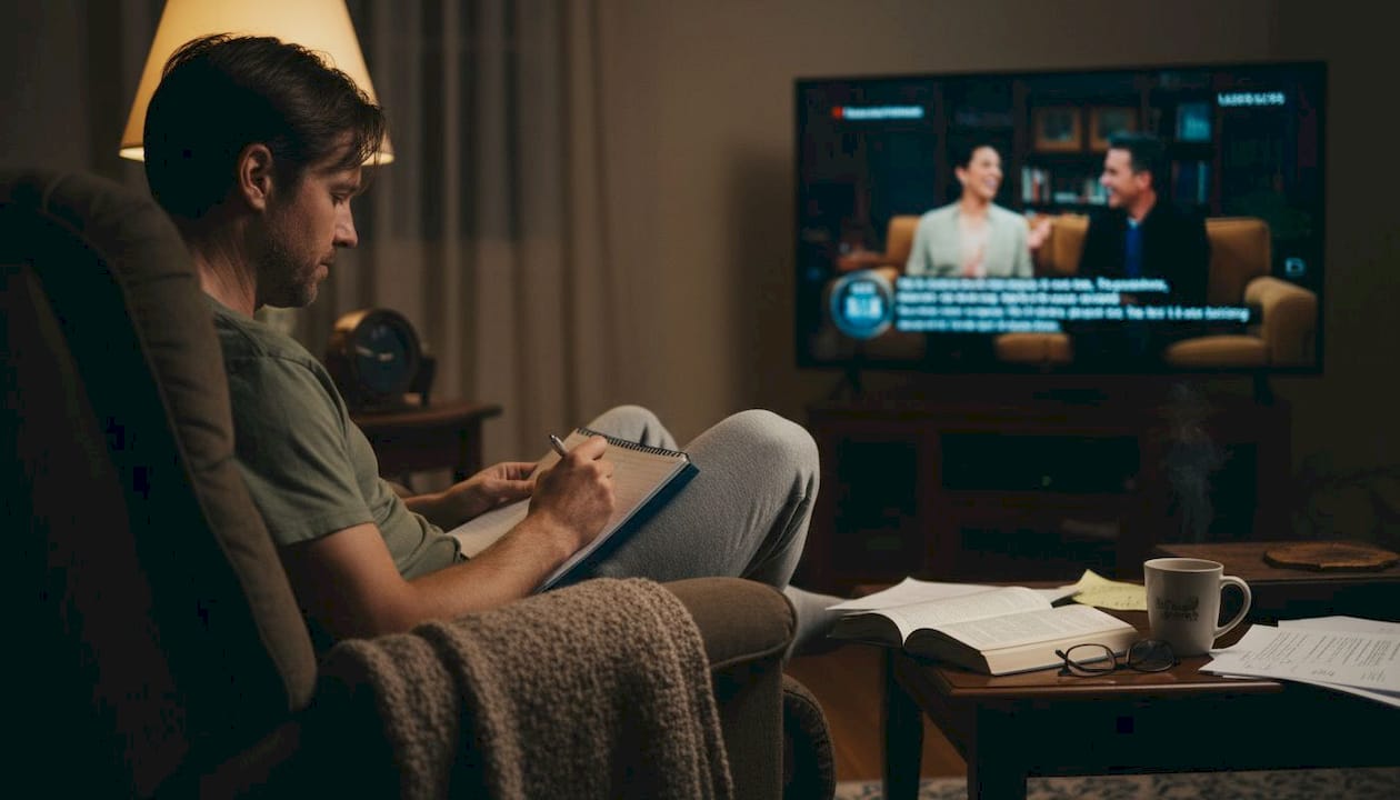 Man journaling quietly during nighttime routine
