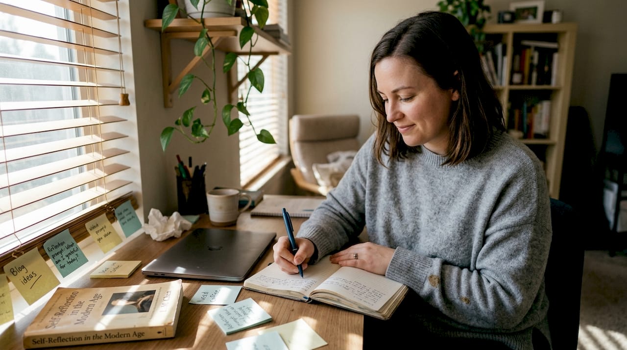 Woman journaling in corner office sunlight