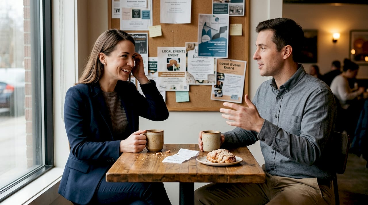 Colleagues share candid café conversation