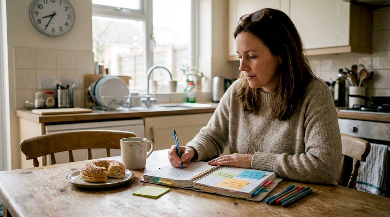 Woman schedules energy-aligned workday at kitchen table