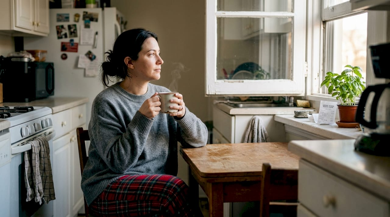 Woman practicing mindfulness in morning kitchen