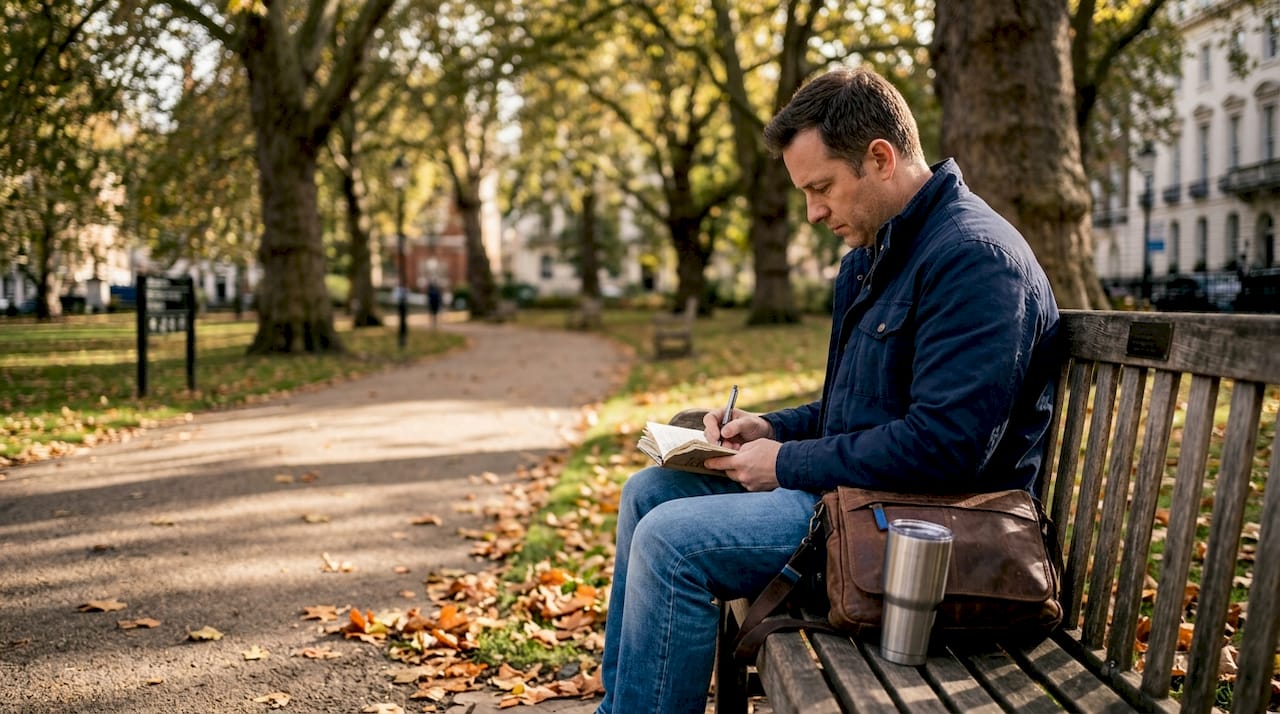 Man reflecting quietly on park bench