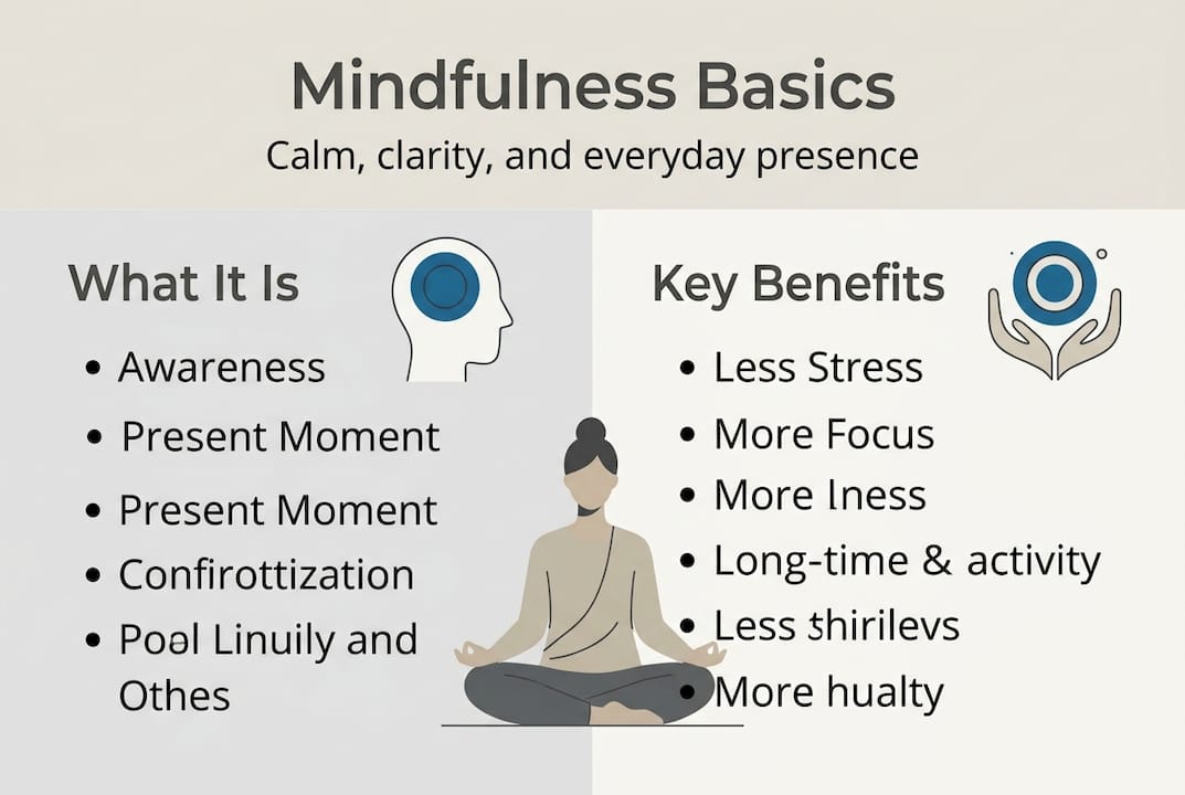 Infographic showing mindfulness basics and benefits