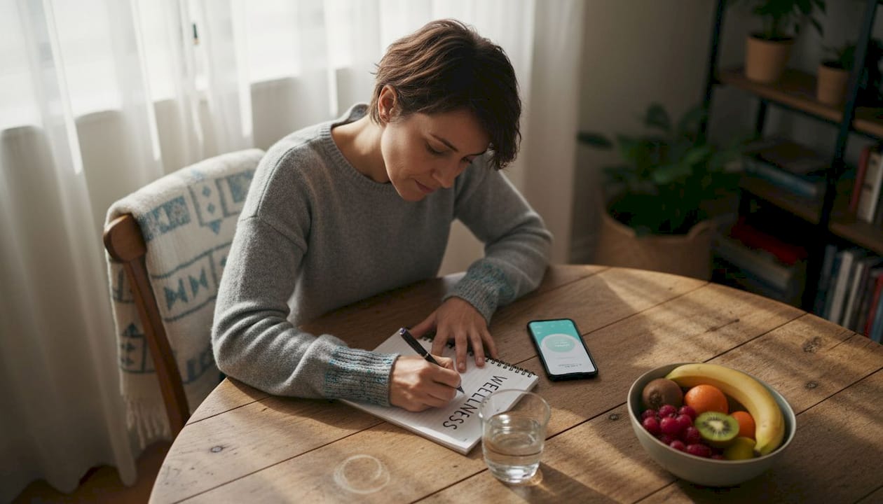 Woman planning wellness wheel at home