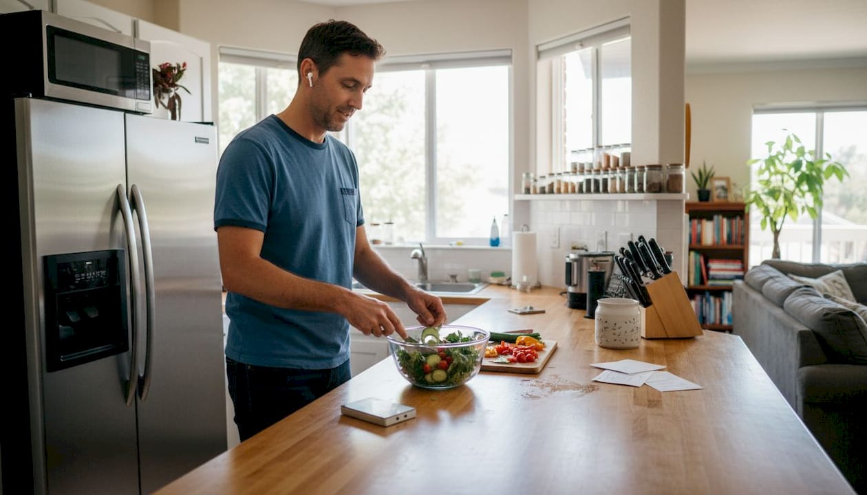 Man preparing salad for mental wellness