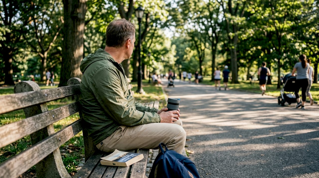 Man reflecting quietly on city park bench