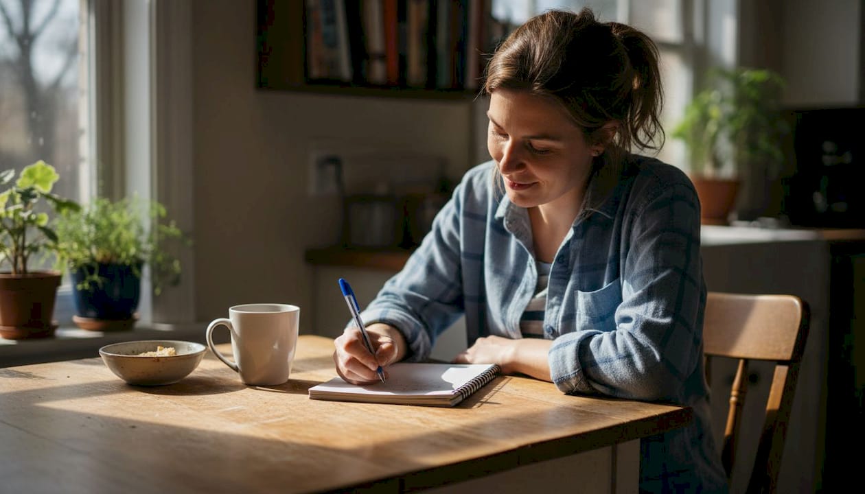 Woman journaling gratitude at kitchen table morning