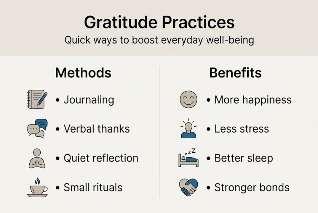 Infographic showing simple gratitude methods and benefits