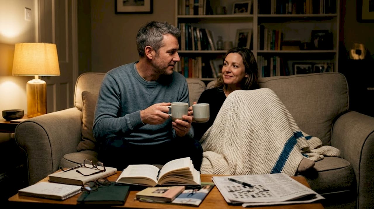 Couple having heartfelt talk on sofa