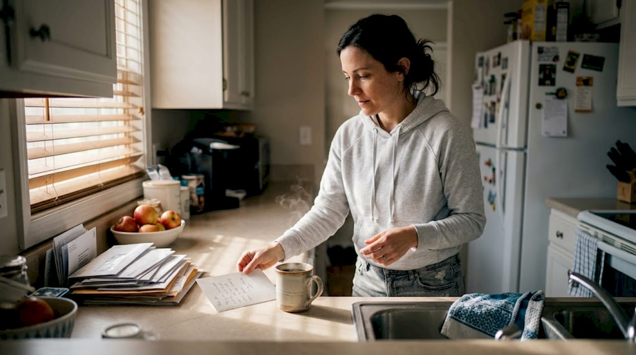 Placing a loving note in a lived-in kitchen