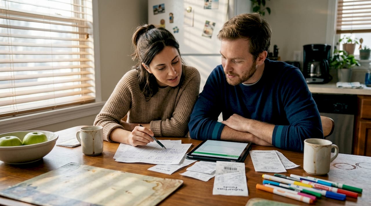 Couple reviewing budget at kitchen table