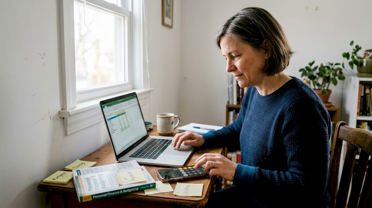 Woman entering budget in home office