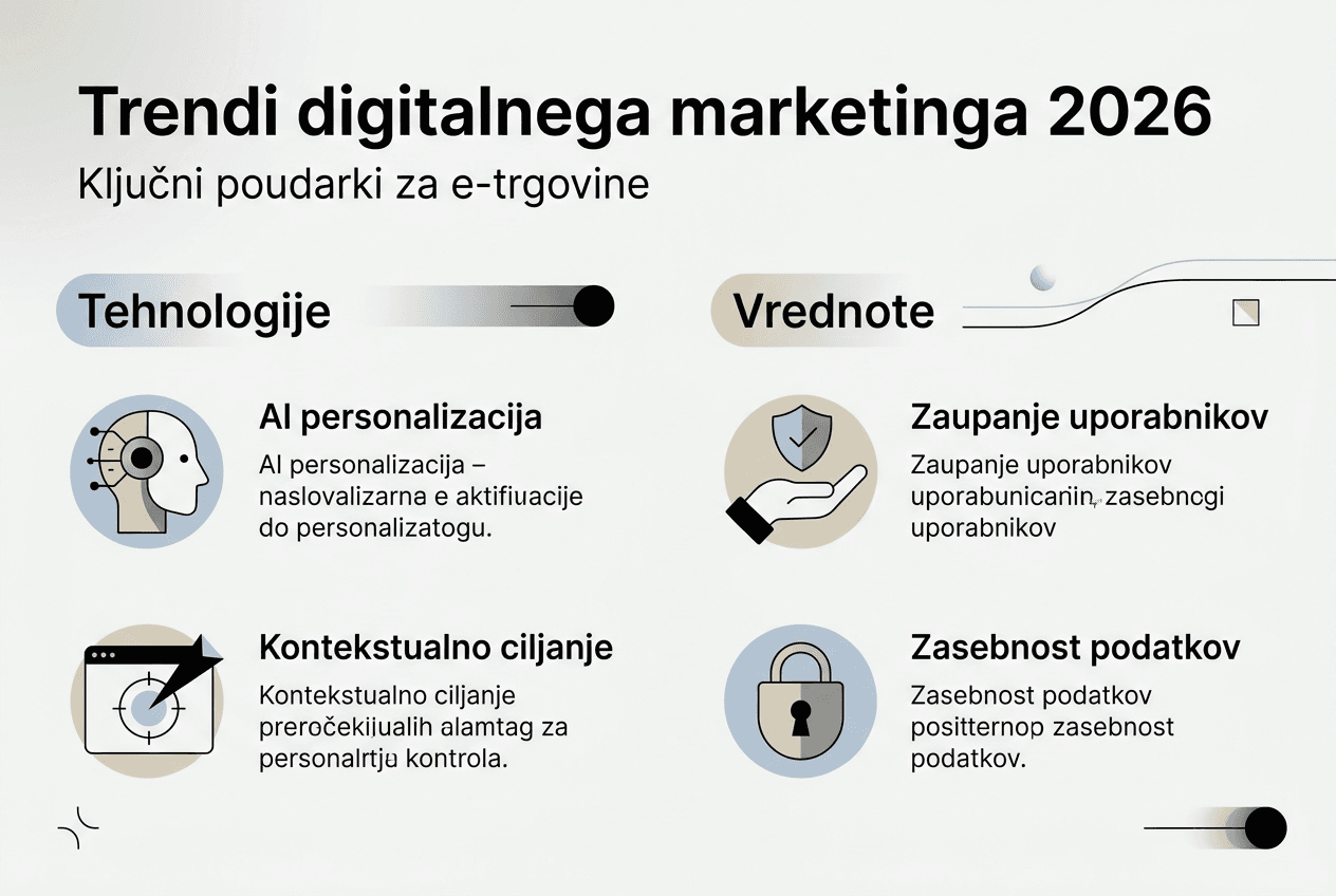 Pregled ključnih trendov digitalnega marketinga za spletno trgovino v letu 2026 v obliki infografike