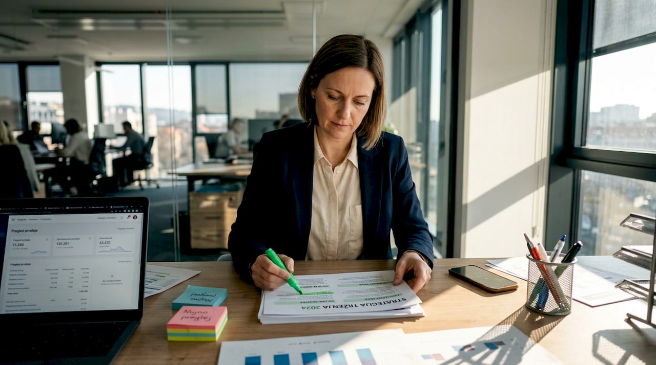 Direktor pregleduje dokumente s področja marketinške strategije.