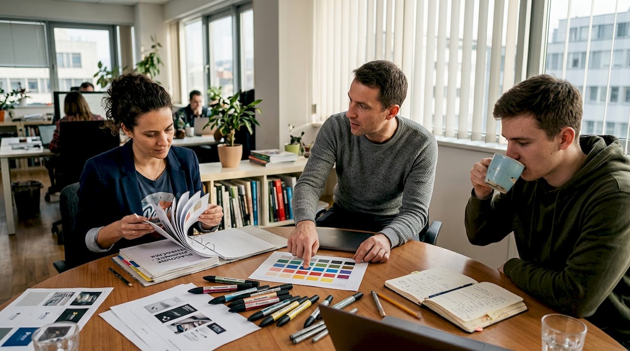Ustvarjalna ekipa v pisarni izbira barvno paleto za blagovno znamko.
