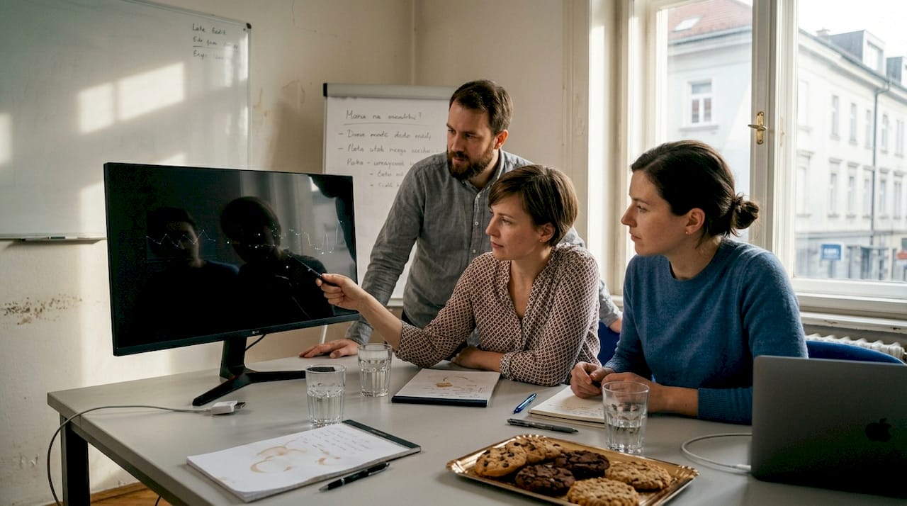 Ekipa si na računalniškem zaslonu skupaj ogleduje rezultate digitalnega marketinga in razpravlja o novih strategijah.