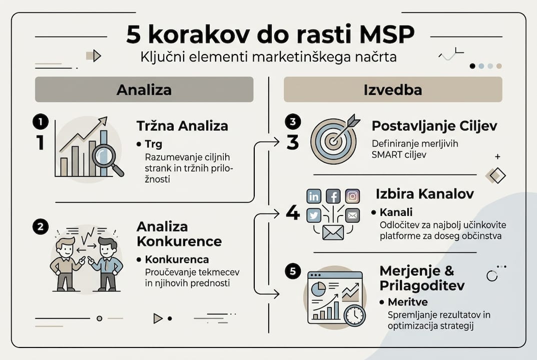 Infografika: pet ključnih korakov za uspešen marketinški načrt v malem podjetju