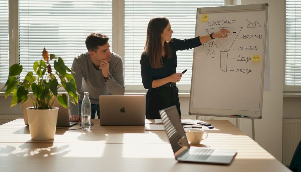 Ekipa sodelavcev skupaj snuje strategijo blagovne znamke ob beli tabli.