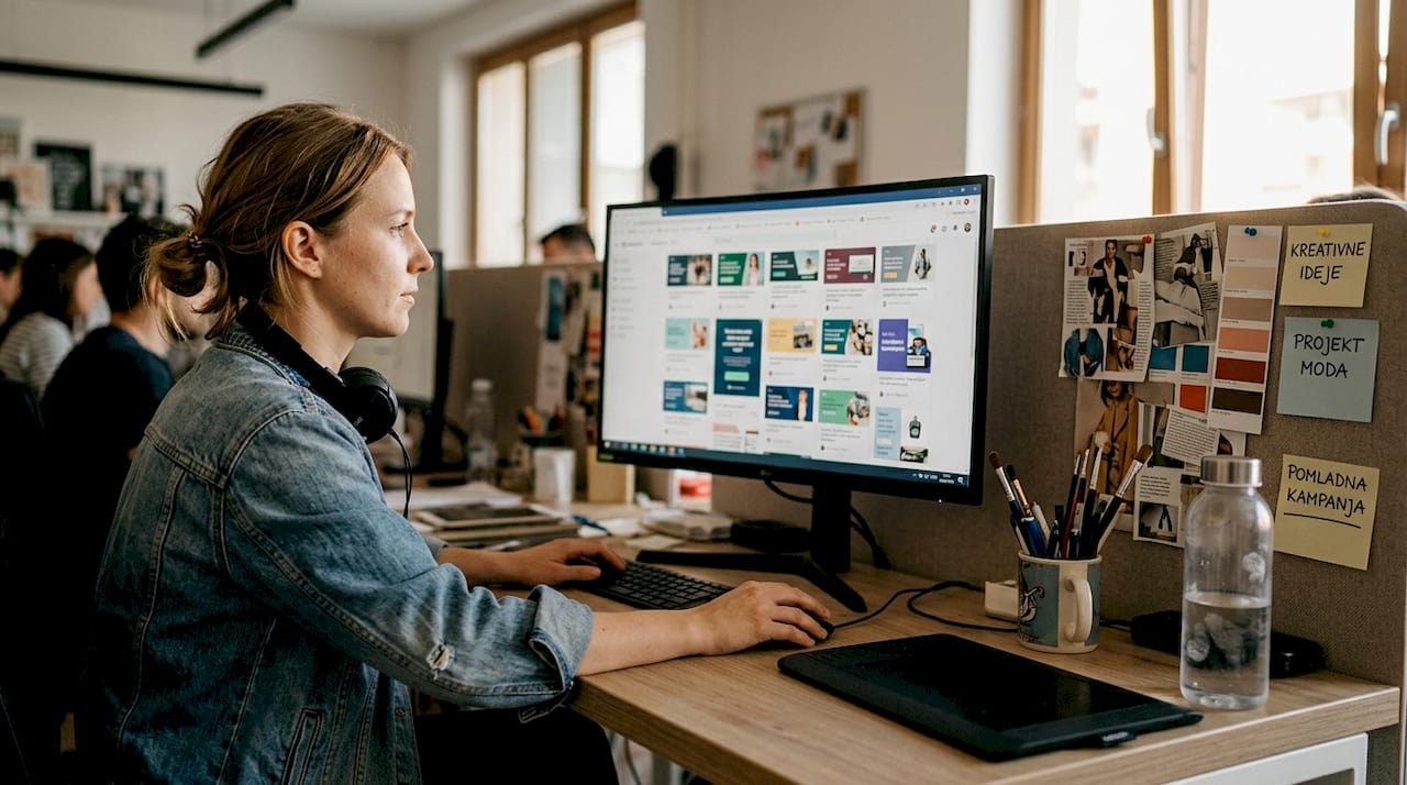 Oblikovalec si na svoji ustvarjalni mizi ogleduje prikazne oglase.
