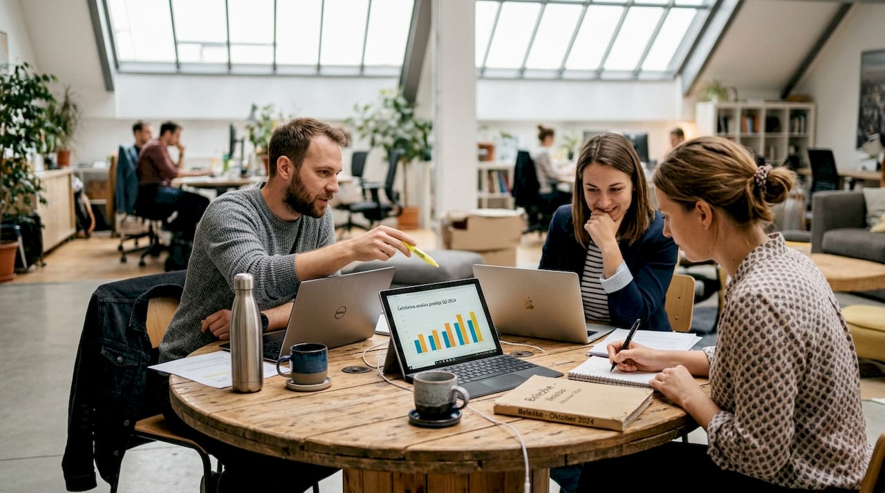 Ekipa skupaj ustvarja in načrtuje digitalno marketinško kampanjo.