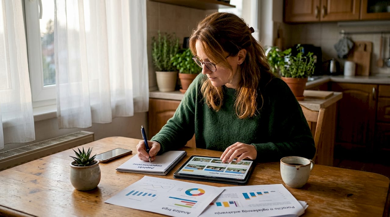 Ženska preučuje, kako učinkovito tržiti nepremičnine prek digitalnih kanalov.