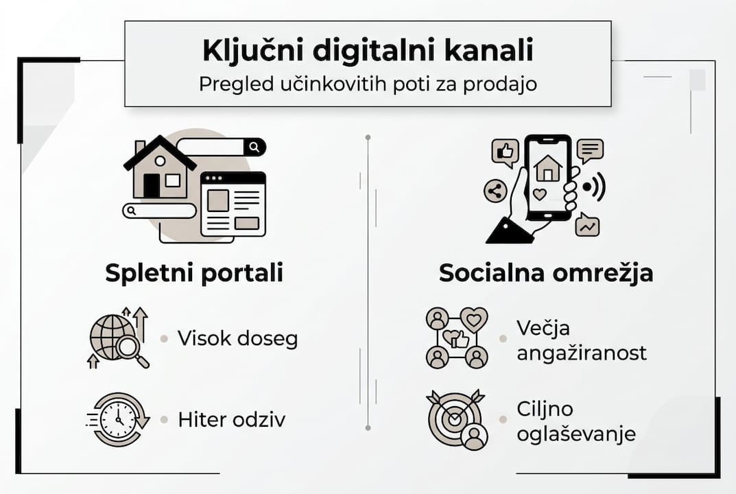 Pregled najpomembnejših kanalov za promocijo nepremičnin v obliki infografike