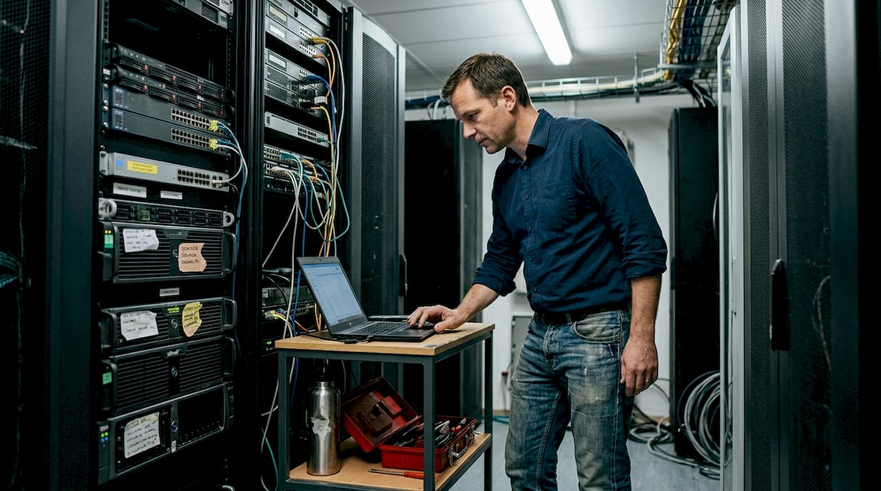 IT strokovnjak skrbi za nemoteno delovanje strežnikov in sproti preverja njihovo zanesljivost.